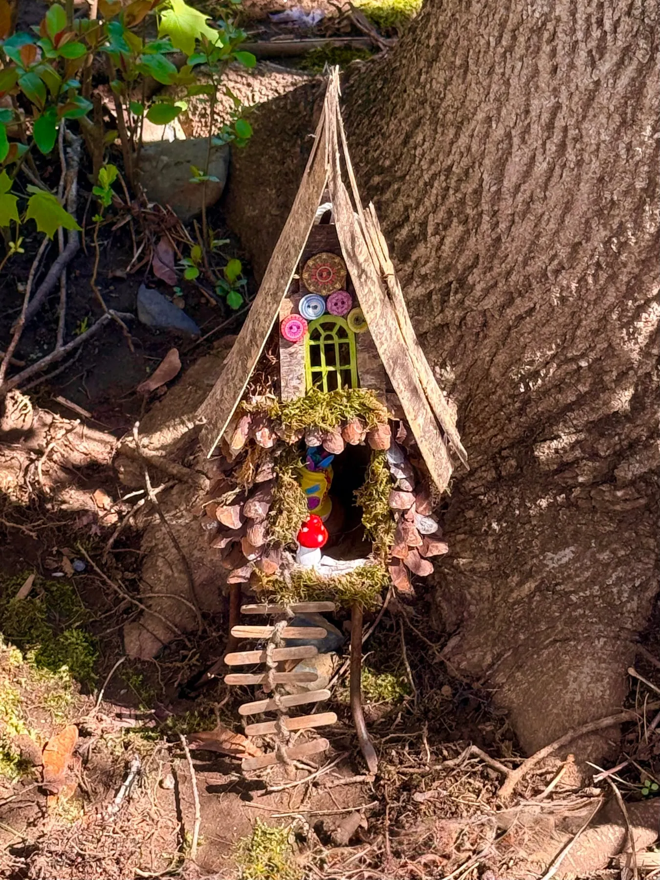 A child-height faerie house built into a tree with a little ladder leading up to its door.