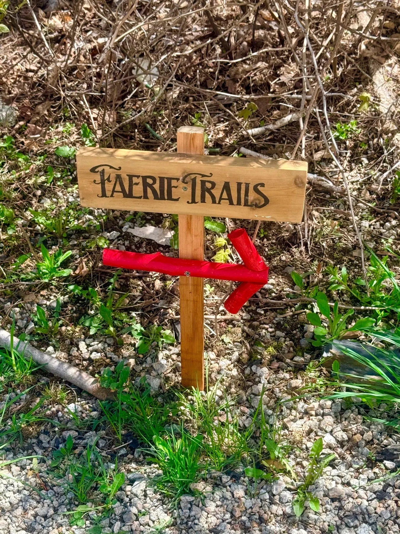 A wooden “Faerie Trails” sign with a painted red arrow pointing the way along the path.
