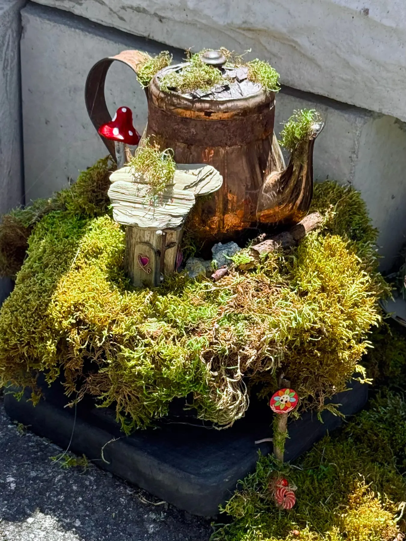 A cosy faerie house sprouting from a mossy teapot.